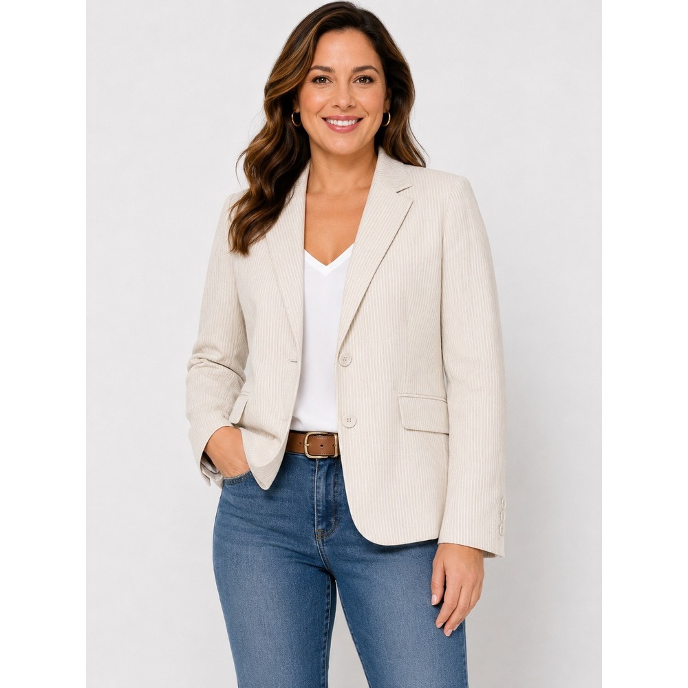 Amanda + Chelsea Beige Pinstripe Blazer Women's XL Lined Two Button Career Jacke